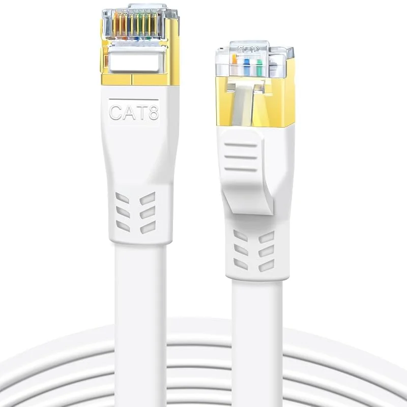 DDMALL Kabel Ethernet CAT 8, 10m wysoka prędkość 40Gbps 2000MHz płaski kabel krosowy CAT8, gigabit Internet Network LAN z pozłacanym złączem RJ45 do gier, modemów, routera, PS5, PC (10m, biały) — Laddning och kablar