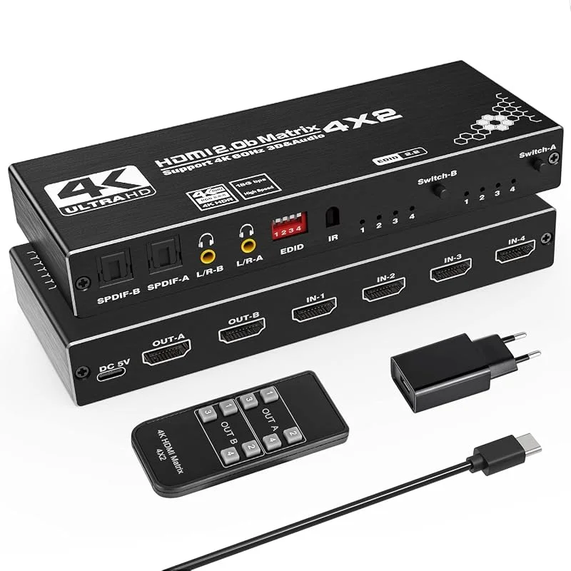 HDMI Matrix 4 x 2 – Tendak 4-i-2-Out HDMI-switch matris 4K@60Hz HDMI-splitter omkopplare optisk SPDIF och 3, 5 mm stereo ljudextraktor stöder HDMI 2.0 HDCP 2.2 EDID HDR 3D med IR-fjärrkontroll — TV och streaming