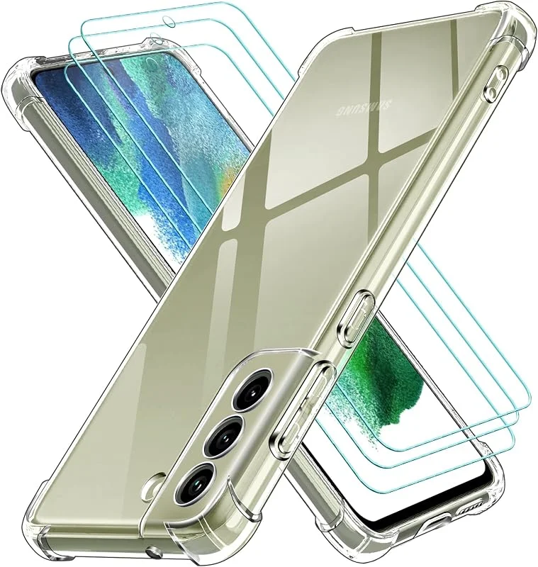 ivoler Fodral för Samsung Galaxy S21 FE 5G, 4G (inte för Samsung Galaxy S21) med 3 delar härdat glas, transparent silikonskyddsfodral med stötsäkert skal, klart smalt mjukt TPU-skyddsfodral — Mobil och surfplatta