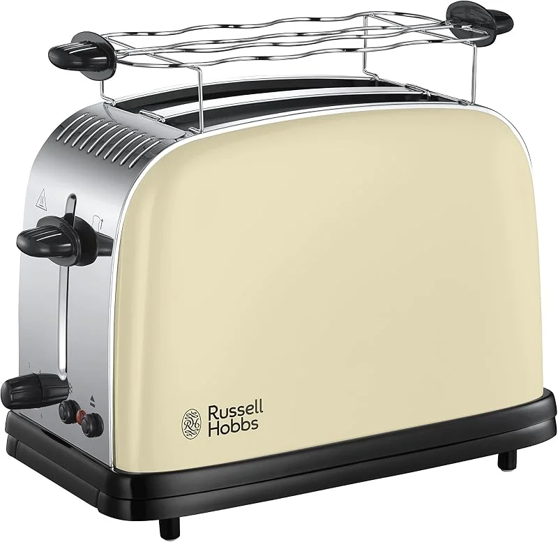 Russell Hobbs brödrost, 2 skivor, extra breda fack, uppvärmningsgaller, justerbar rostningsgrad, upptiningsfunktion, teknologi för snabbare rostning, 1670W, cremefärgad, Colours Plus 23334-56 — Kök & Hushåll