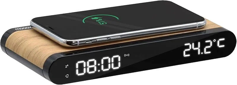 MOOOV 477349 15 W induktionsladdare väckarklocka och USB-C-port - integrerad temperatur - träeffekt — Mobil och surfplatta