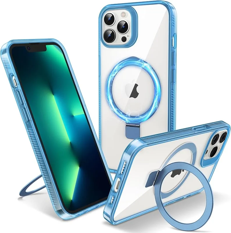 Magnetiskt skal för iPhone 13 Pro Max – inbyggt osynligt stativ, kompatibelt med MagSafe, militärklassat stötskydd, hård baksida med silikonkanter, gulnar inte, 6, 7 tum, genomskinlig blå — Mobil och surfplatta