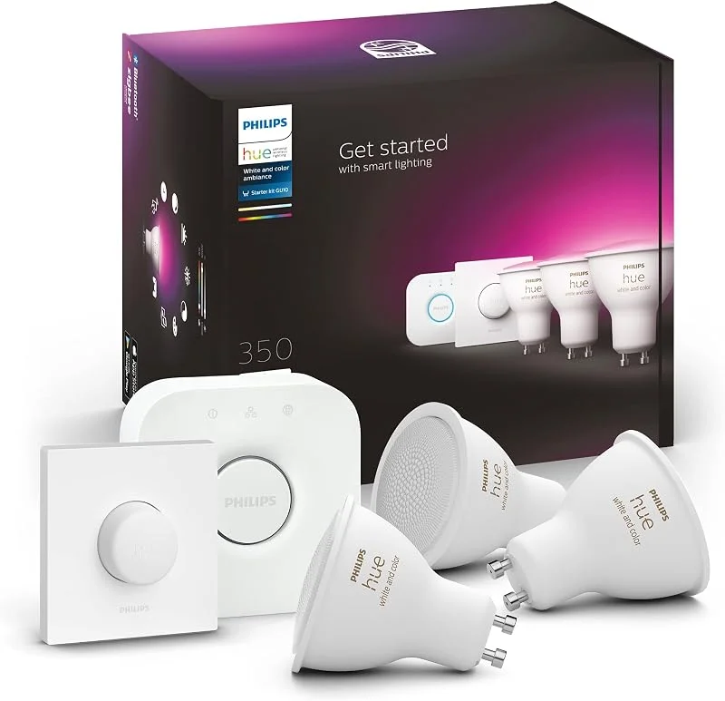 Philips Hue White and Color Ambiance startpaket (3 x GU10 + Hue Bridge + Hue Smart Button): 350 lumen, 5.7W, Zigbee & BT, 2000-6500 Kelvin + 16 miljoner färger, livslängd 15000 timmar, röststyrning — Smarta hem