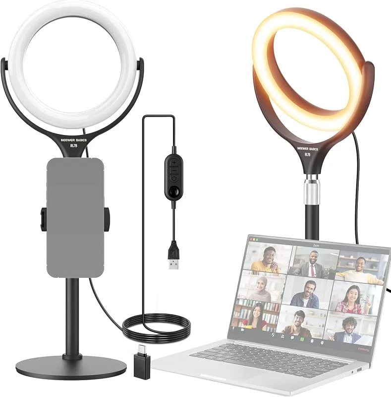 NEEWER Basics 7 tums skrivbordsringlampa med stativ, telefonhållare kompatibel med iPhone, 10 W CRI95+ tvåfärgad LED selfielampa för TikTok-inspelning bärbar dator webbkamera zoom video konferens — Mobil och surfplatta