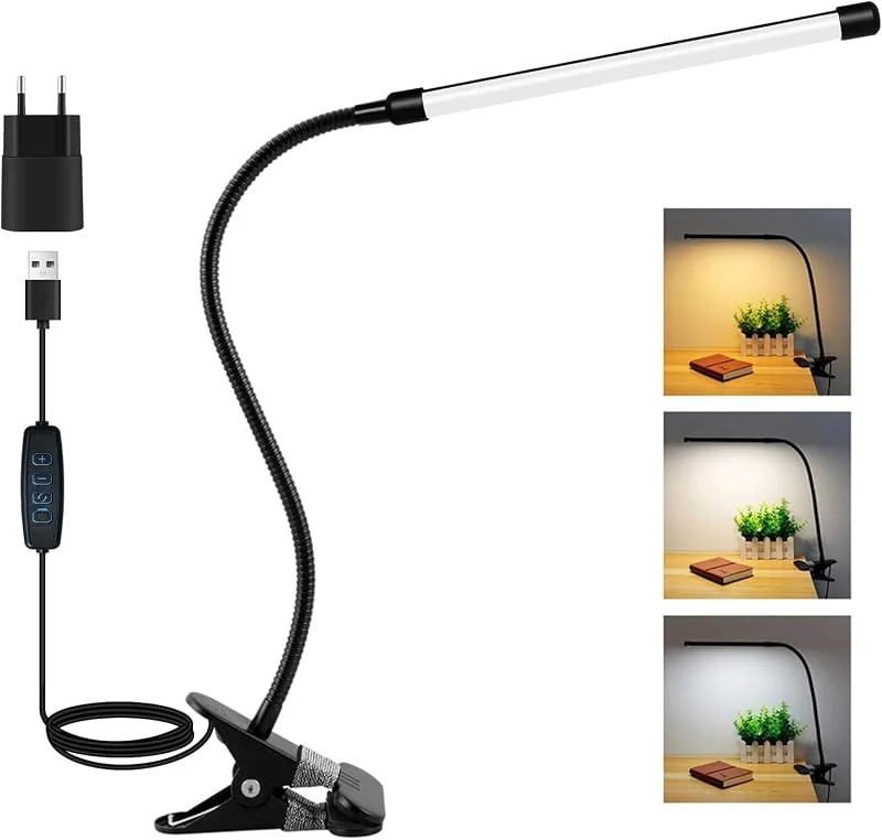Akynite LED-skrivbord, klämbar, svart, adapter ingår, USB-port klämlampa med kabel, 3 färgförändringar, 10 ljusstyrka, LED svanhals, lampklämma, lä, säng — Hushållselektronik