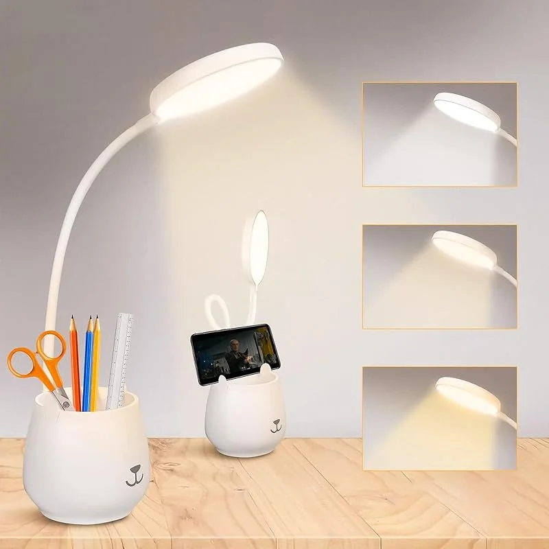 URAQT Skrivbordslampa, LED Läslampa med Pennkruka, 5W Svanhals Flexibel Sänglampa, 3 Belysningslägen, Touch-Kontroll, USB Laddning Dimbar Bokljus, PennhållarLampa Lämplig för Arbetsrum, Sovrum, Kontor — Hushållselektronik