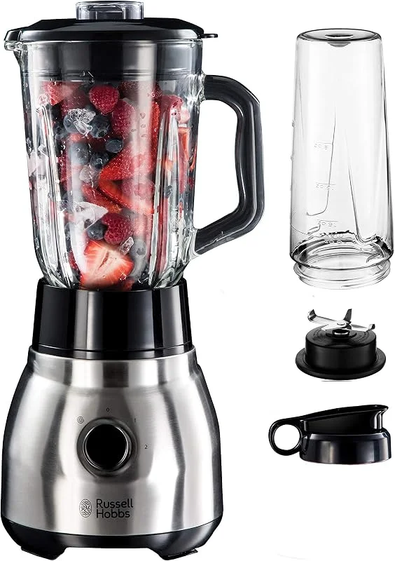 Russell Hobbs blender, 2-i-1 med to-go behållare och lock, 1.5l glaskanna, 2 hastigheter, pulsfunktion, iskross, avtagbart blad i rostfritt stål med 4 knivar, rostfritt stål, 600W, 23821-56 — Kök & Hushåll